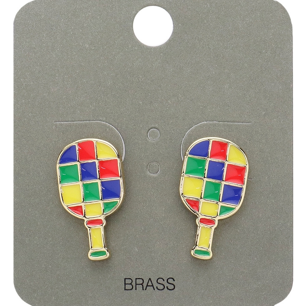 MultiColored Yellow Checkered PickleBall Earrings Trend Enamel Stud Paddle Gold